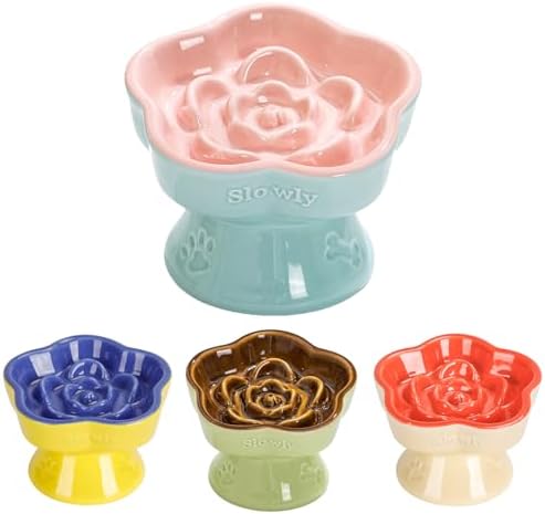 S&Q's CERAMICS Raised Slow Feeder Cat Bowl, Ceramic Elevated and Titled Glass Food Bowl Small Dogs Slow Feeder, Flower Shaped Cute Cat Dish for Dry and Wet Food (Pink, 5.8") by SQsCeramics