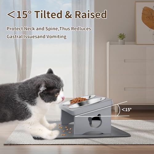 Elevated Cat Bowls with 15° Tilted Solid Wood Stand,Slate Grey - Image 5