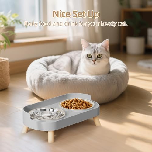 Elevated Cat Bowl, Raised Cat Food and Water Bowl Set for Indoor Cats, Splash Proof with 2 Stainless Steel Pet Food Bowls for Cats and Puppies, Whisker Fatigue and Dishwasher Safe - Grey - Image 6