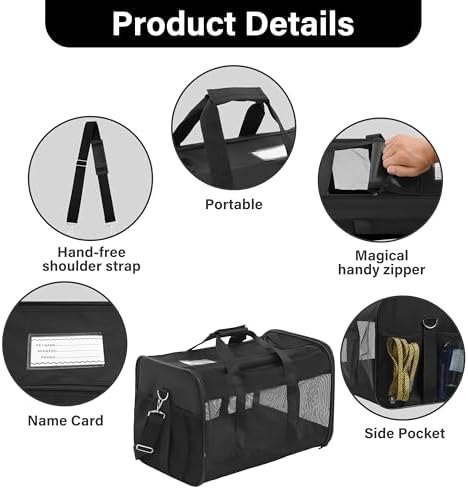 FluffyDream Pet Travel Carrier Soft Sided Portable Bag for Cats, Small Dogs, Kittens or Puppies, Collapsible, Durable, Airline Approved, Travel Friendly (Grey, 17.0" L x 10.0" W x 11.0" H) (Black) - Image 4