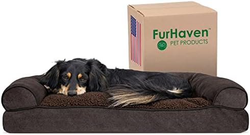 Furhaven Pillow Dog Bed for Medium/Small Dogs w/ Removable Bolsters & Washable Cover - Sherpa & Chenille Sofa - Coffee, Medium by FurHaven
