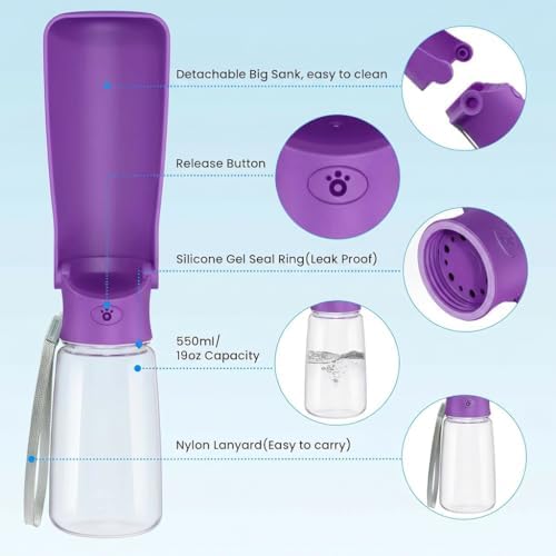 Portable Dog Water Bottle for Walking – 19oz / 12oz Foldable Pet Water Dispenser for Puppies, Medium & Large Dogs – Leak Proof Travel Water Bowl for Small Animals Dog Accessories(19OZ Purple) - Image 2