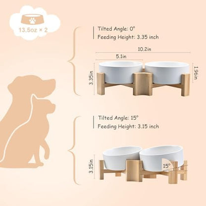 SPUNKYJUNKY 15° Slanted Ceramic Dog and Cat Bowl with Wooden Stand, Tilted Bulldog Food and Water Bowl No Slip Non-Spill for Cats Medium Dogs Big Face Pets 13.5 OZ (1.7 Cups, White × 2) - Image 4