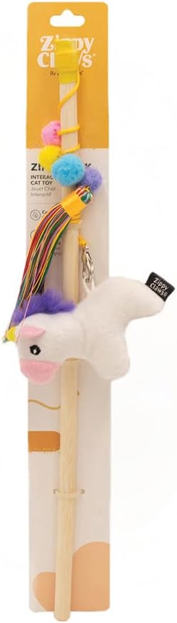 ZippyPaws ZippyStick - Unicorn Interactive Cat Teaser Wand for Indoor Cats & Kittens, Cute Kitty Toys for Boredom, Fun Feathered Tassels & Plush Dangling Toy