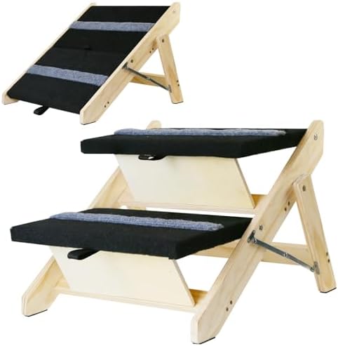 2-in-1 Indoor Pet Ramp, Wooden Folding 2-Tier Pet Stairs with Non-Slip Carpeted Steps, Ramp Perfect for Bed and Couch by Wotunest