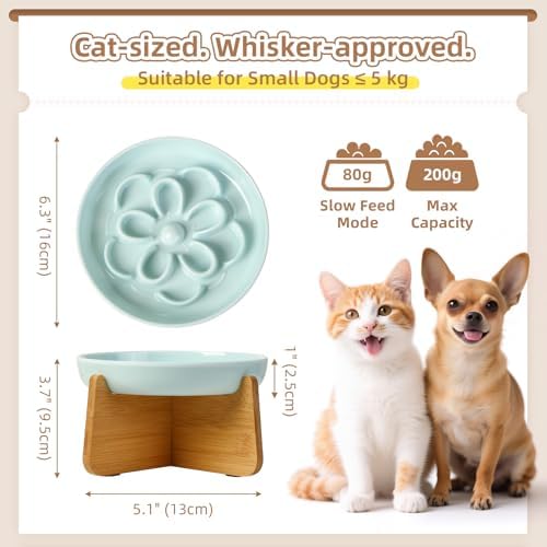 Elevated Slow Feeder Cat Bowl - Melamine Cat Dish with Anti-Slip Bamboo Stand - Whisker Friendly Feeding Bowl - Floral Maze Food Plate for Slow Eating - Blue - Image 2