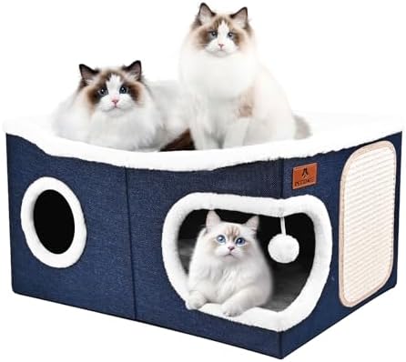 Extra Large Cat Beds for Indoor Cats, Covered Cat Cave Beds & Furniture with Scratch Pad and Fluffy Ball, Foldable Cat Condo Hideaway with Reversible Cushion for Multi Small Pet Large Kittens, Blue by Unknown
