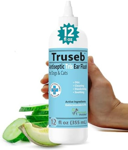 Truseb Advanced Strength Cat & Dog Ear Infection Treatment TrizmaxEDTA Flush, Medicated Pet Ear Wash, Flush, Dog Ear Cleaner Solution Medicated Ketoconazole 0.1% Helps Ear Itching Redness Swell (12oz) by Pet+Health+Pharma