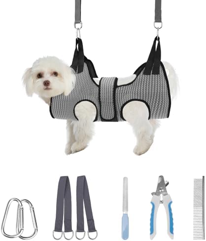PAWCHIE Dog Grooming Hammock Harness for Dogs & Cats with Pet Nail Clipper Trimmer- Breathable Cat Hanger Sling for Trimming Clipping Nails-Dog Hammock Restraint Bag for Small Medium Large Dog,Grey XS by PAWCHIE