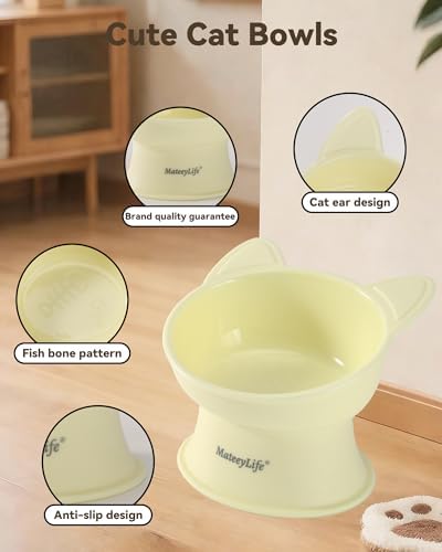 MateeyLife Raised Cat Bowls, Cat Food Bowl Elevated for Kittens & Small Dogs, 15°Tilted Protect Pets' Neck and Anti Vomiting, Whisker Friendly Food & Water Feeding Bowl, 6 oz Each - Yellow - Image 5