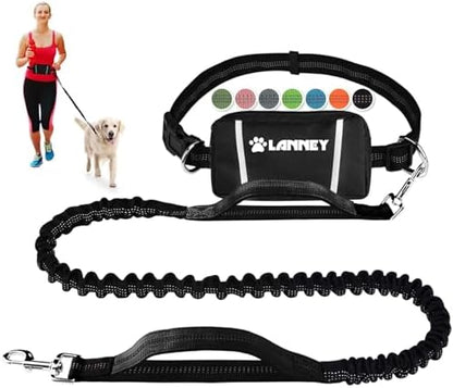 Hands Free Dog Leash, Waist Running Leash with Zipper, Walking Pouch for Medium Large Dogs, Dual Handle and Retractable Bungee for Training Jogging Hiking by LANNEY