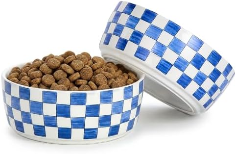 6.4 inch Ceramic Hand Painted Basic Dog Bowl Set of 2 with Anti-Skid Rubber Base, Food and Water Bowls for Small Pets,Blue by Howise