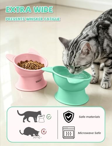 YINEYA Elevated Cat Bowls 2 Pcs, Cat Food Bowl to Protect Neck & Anti-Vomit, Whisker-Friendly Raised Food and Water Bowls Set for Indoor Cats/Small Dogs, Cute Pet Feeding Bowl 6 OZ Each, Pink & Green - Image 3