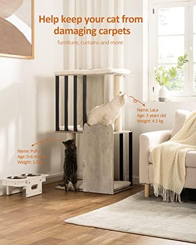 FourFurPets 43.8in 3-Tier Modern Cat Tree Tower Condo, Cat Scratch Posts for Indoor Cats, Big Plate, Two 19.7in Full Sisal Scratching Posts, Greige - Image 2