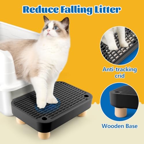 Cat Litter Box Step Ramp, Cat Litter Catcher Mat with Wooden Feet, Filter Function, Pedal Stool for Self-Cleaning Litter Box, Ideal for Kitten & Elderly Cats (Black) - Image 3