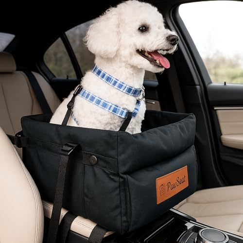 Center Console Dog Car Seat for Small Dogs and Puppies 5-13Lbs, Ideal Armrest Booster Car Travel Seat with Safety Protection Seat Belts, Storage Pockets - Reduces Anxiety (Black) by Pawseat