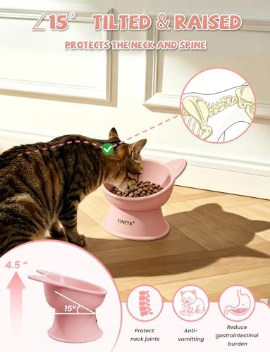 YINEYA Cat Bowls, Cat Food Bowl Elevated to Protect Neck & Anti-Vomit, Whisker-Friendly Raised Food & Water Bowls for Indoor Cats/Small Dogs, Cute Pet Feeding Bowl 6 OZ Each, Dishwasher Safe, Pink - Image 2
