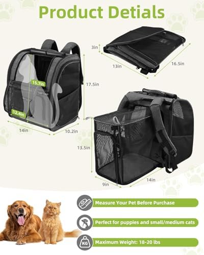 Expandable Cat Carrier Backpack, Dog Carrier Backpack for Small Dogs and Puppies Up to 20 Lbs, Great for Travel Hiking Camping Outdoor with Breathable Mesh, Dark Grey - Image 2