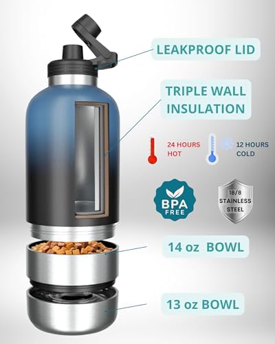 Dog Water Bottle, Insulated Dog Travel Water Bottle, Stainless Steel Pet Water Bottle Dispenser Portable Food and Water Bowl for Dogs with Carrying Case for Walking Dog Canteen Travel Kit - Image 2