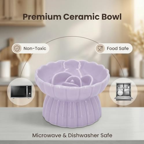 Ceramic Cat Slow Feeder, Raised Slow Feeder Cat Bowl, Anti Vomiting and Whisker Friendly Kitty Dish, Elevated Puppy Kitten Food Bowl for Dry and Wet Food (Purple) - Image 4