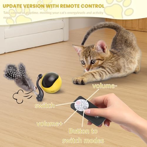 Interactive Cat Toy Ball, Automatic Self-Rolling Cat Toy with Feather Tail, Rechargeable Smart Cat Ball for Indoor Cats（Yellow） - Image 2