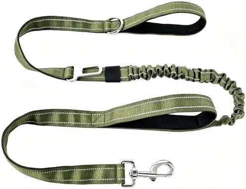 Bungee Dog Leash 5FT-6FT Shock Absorbing, Heavy Duty Tactical Dog Lead with Padded Double Handles, Car Seat Belt, No Pull Reflective Training Leashes for Medium Large Dogs (Army Green) by Fidohug