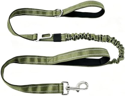 Bungee Dog Leash 5FT-6FT Shock Absorbing, Heavy Duty Tactical Dog Lead with Padded Double Handles, Car Seat Belt, No Pull Reflective Training Leashes for Medium Large Dogs (Army Green) by Fidohug