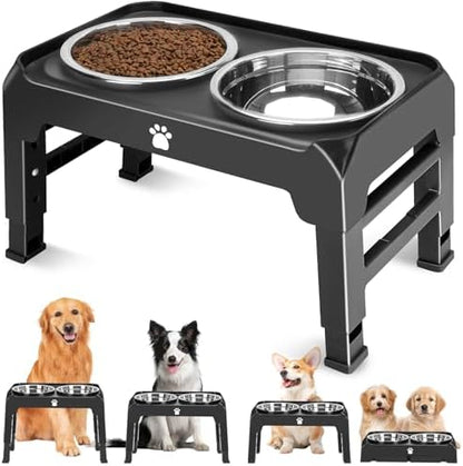 Elevated Bowls with Adjustable Heights - Raised Stand with 2 Stainless Steel Food Bowls, Non-Slip Foldable Feeder for Medium Large Dogs, Adjusts to 12.36", 10.75", 9.2", 3.7", Black by AIRMX