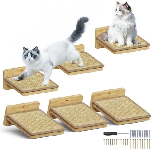 3Pcs 8"×7" Cat Wall Steps - Cat Stairs for Wall, Ladder Natural Wood with Fixtures,Turn Around or Climbing or Playing for Kittens and Adult Cats by SnuyGo