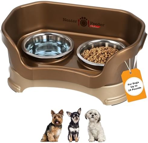 Neater Pet Brands Neater Feeder Deluxe Mess Proof Dog Bowls Elevated for Small Dogs Under 19 lbs, Made in USA, No Spill Raised Dog Food Bowl Stand Feeding Station, Food and Water Bowl Set, Bronze by NeaterPetBrands