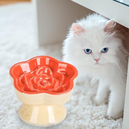 S&Q's CERAMICS Raised Slow Feeder Cat Bowl, Ceramic Glass Elevated Pet Food Bowl Small Dogs Slow Feeder, Flower Shaped Cute Dish for Dry and Wet Food (Orange, 5.8") - Image 6