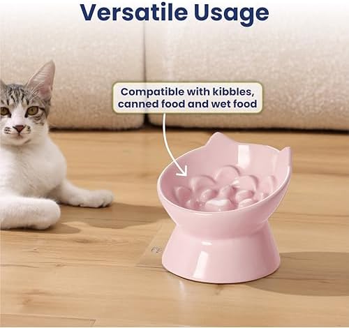 PawsPik Lynx Ceramic Raised Slow Dog & Cat Elevated Food Bowl, Quartz Pink - Image 6