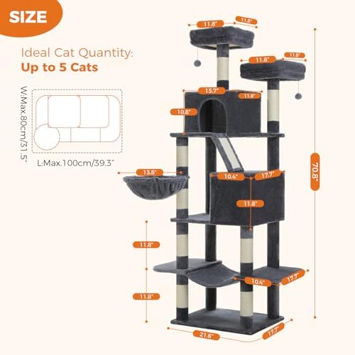 MUTTROS 70.8" Tall Cat Tree for Large Cats, Multi-Level Cat Tower with 8 Sisal Scratching Posts, 2 Top Perches, Big Condo, Large Hammock, and Cat Furniture for Indoor Cats, Dark Gray - Image 7