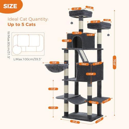 MUTTROS 70.8" Tall Cat Tree for Large Cats, Multi-Level Cat Tower with 8 Sisal Scratching Posts, 2 Top Perches, Big Condo, Large Hammock, and Cat Furniture for Indoor Cats, Dark Gray - Image 7