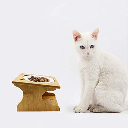 Cat Bowls Pet Dining Table with Raised Slope Wooden Stand Elevated Pet Bowls with Oblique Stand for More Comfortable Eating for Cats, Dogs, Kitten and Puppy (Single Bowl, Ceramics) by Petsoign%C3%A9