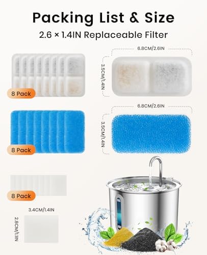 oneisall 8 Pack Replacement Filters for PWF-001 2L/67oz Cat Water Fountain Stainless Steel Water Fountain for Cats Inside, 3 Filtration System - Image 2