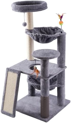 Multi-Level Cat Tree for Indoor Cats, Cat Tree Tower with Big Cat Hammock and Self-Grooming Brush, Cat Tower with Scratch Ladder, Indoor Climbing Activity Tower with Scratching Posts, Grey - Image 2
