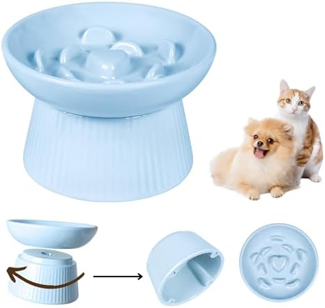 Unbreakable Raised Slow Feeder Bowl for Cats and Small Dogs, Elevated Cat Bowls, Detachable Slow Feede Bowl, Heavy Weighted, Non-Slip Feeder, Whisker Friendly (Blue, Round - 6.2w'' x 1.5h'' inch) by FullCharm
