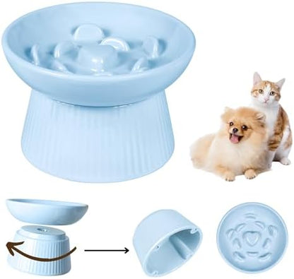 Unbreakable Raised Slow Feeder Bowl for Cats and Small Dogs, Elevated Cat Bowls, Detachable Slow Feede Bowl, Heavy Weighted, Non-Slip Feeder, Whisker Friendly (Blue, Round - 6.2w'' x 1.5h'' inch) by FullCharm
