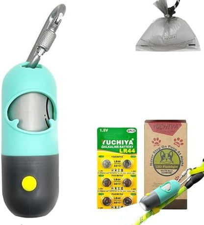 Dog Poop Bags Holder with LED Flashlight|Pet Waste Bags Dispenser for Leash|Doggie Potty Bags Container with Leak-proof Pet Trash Bags and Accessories (1 Holder 15 Bags, Mint Green) by YUCHIYA