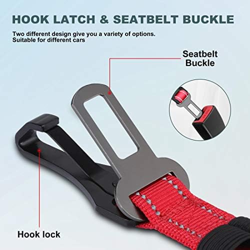 IOKHEIRA Dog Seat Belt 3-in-1 Car Harness for Pets Adjustable Safety Seatbelt Nylon Reflective Bungee Fabric Dog Car Harness with Clip Hook Latch & Buckle, Swivel Zinc Alloy Carabiner Red - Image 2