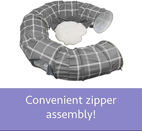 Kitty City Large Cat Tunnel Bed, 2-in-1 Zip-Together Cat Play Tunnel & Plush Nap Bed, Pop-Up Indoor Cat Toy with Hanging Toys, Collapsible Design - Grey - Image 4