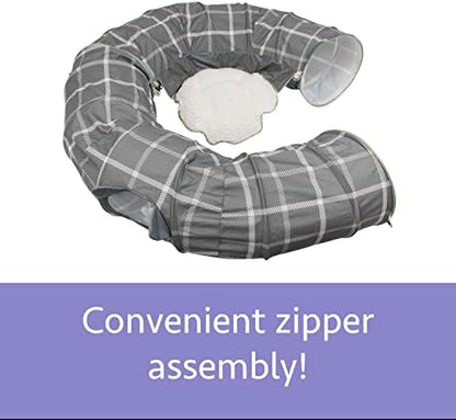 Kitty City Large Cat Tunnel Bed, 2-in-1 Zip-Together Cat Play Tunnel & Plush Nap Bed, Pop-Up Indoor Cat Toy with Hanging Toys, Collapsible Design - Grey - Image 4