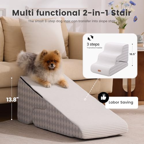 Gardner Pet Dog Stairs for Small Dogs 16.5" H, 2 in 1 Transformable 3-Step Pet Stairs and Ramp, Dog Steps for Couch Bed (13-20 in) Non-Slip Waterproof Cover and CertiPUR-US Certified Foam, Checked - Image 2