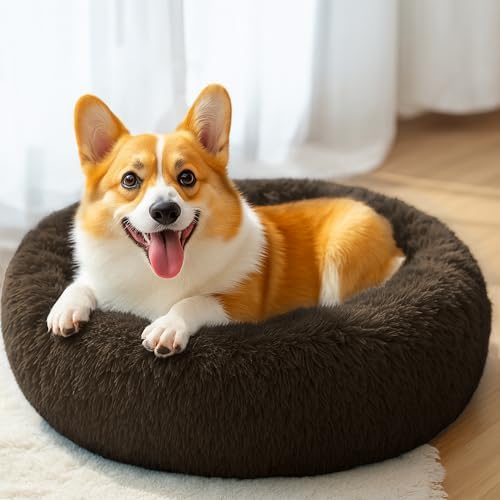 28in Large Dog Bed, Calming Donut Bed for Puppy and Kitten (Coffee) - Image 5