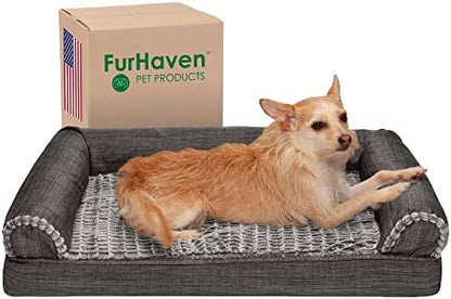 Furhaven Orthopedic Dog Bed for Medium/Small Dogs w/ Removable Bolsters & Washable Cover, For Dogs Up to 35 lbs - Luxe Faux Fur & Performance Linen Sofa - Charcoal, Medium by FurHaven