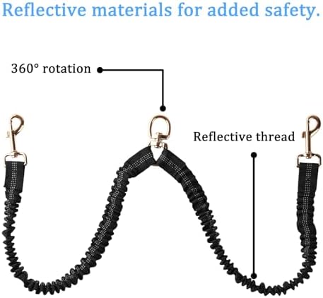 Double Dog Leash – Tangle-Free Dual Leash with 360° Swivel, Shock Absorbing Bungee, Reflective Stitching & Hand-Braided Main Rope (Supports Up to 440 lbs, Black) - Image 5