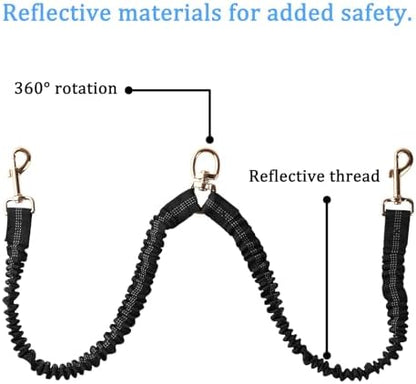 Double Dog Leash – Tangle-Free Dual Leash with 360° Swivel, Shock Absorbing Bungee, Reflective Stitching & Hand-Braided Main Rope (Supports Up to 440 lbs, Black) - Image 5