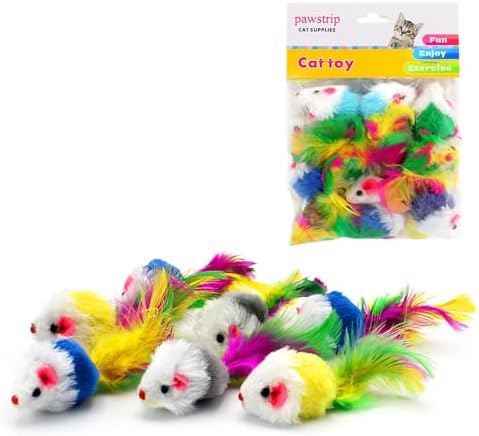 Cat Mouse Toys 12 Pcs Rattle Mice for Indoor Cats Furry Feather Fake Mouse Kitten Interactive Play Squeaky Fur Mice Cat Toy Funny Kitty Tracking Game with Rattling Sounds by pawstrip