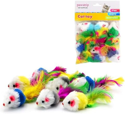 Cat Mouse Toys 12 Pcs Rattle Mice for Indoor Cats Furry Feather Fake Mouse Kitten Interactive Play Squeaky Fur Mice Cat Toy Funny Kitty Tracking Game with Rattling Sounds by pawstrip